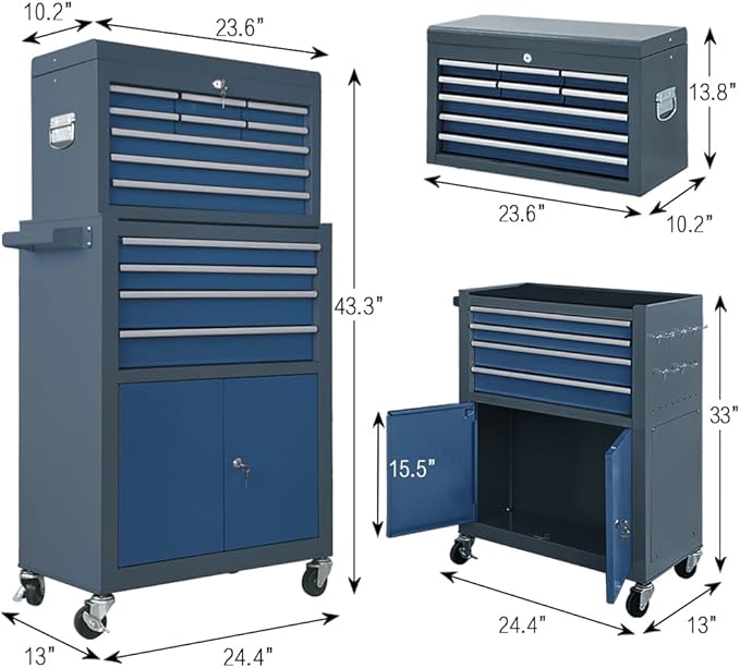 13-Drawer Tool Chest with Double Door and Wheels, Large Detachable Tool Box with Sliding Drawers, Mechanic Toolbox Storage Cabinets, Metal Tool Cart for Garage Workshop (Blue£¦Grey)