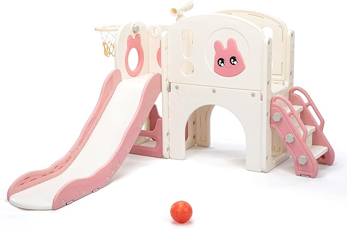 8-in-1 Toddler Slide and Climber Playset, Kids Slide Playground with Stairs, Tunnel, Telescope, Storage, Basketball Hoop and Ball, Indoor Outdoor, 1-3 Years Old, Pink