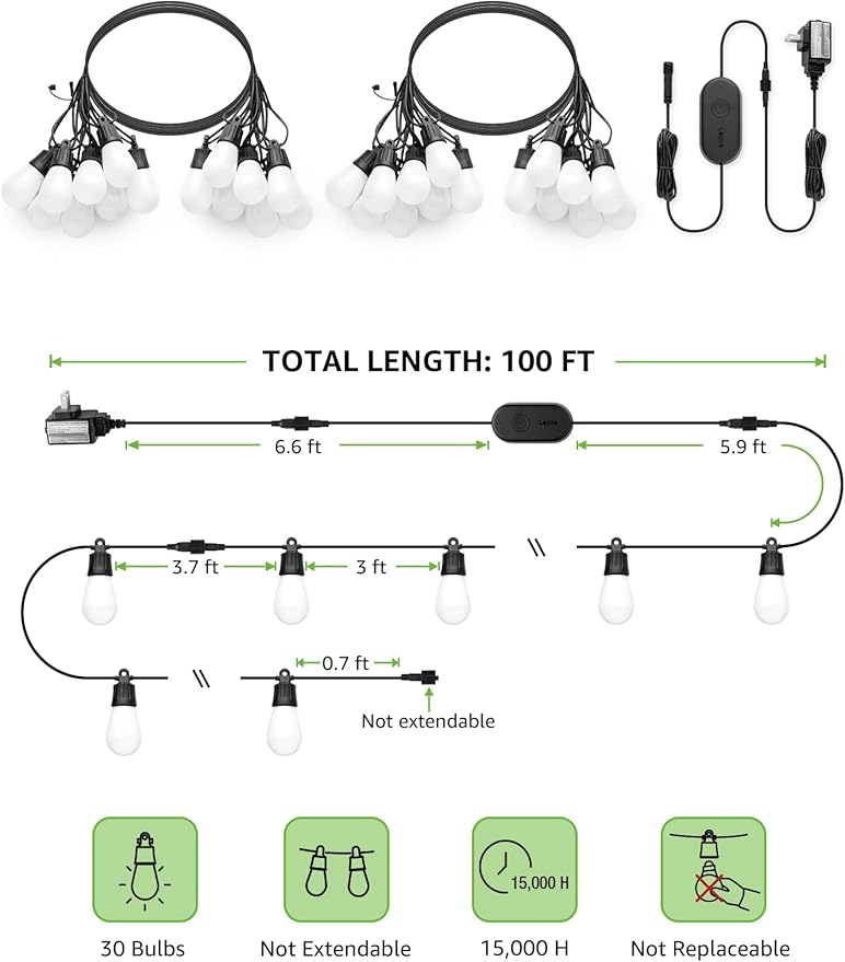 Lepro ZB1 AI Smart Outdoor String Lights APP Control, 100(88+12) ft RGB+IC+Warm White Outdoor Light 30 LED Bulbs, NOT Extendable, Alexa Google Enabled, Music Sync, NO Remote, 2.4 GHz WiFi+Bluetooth