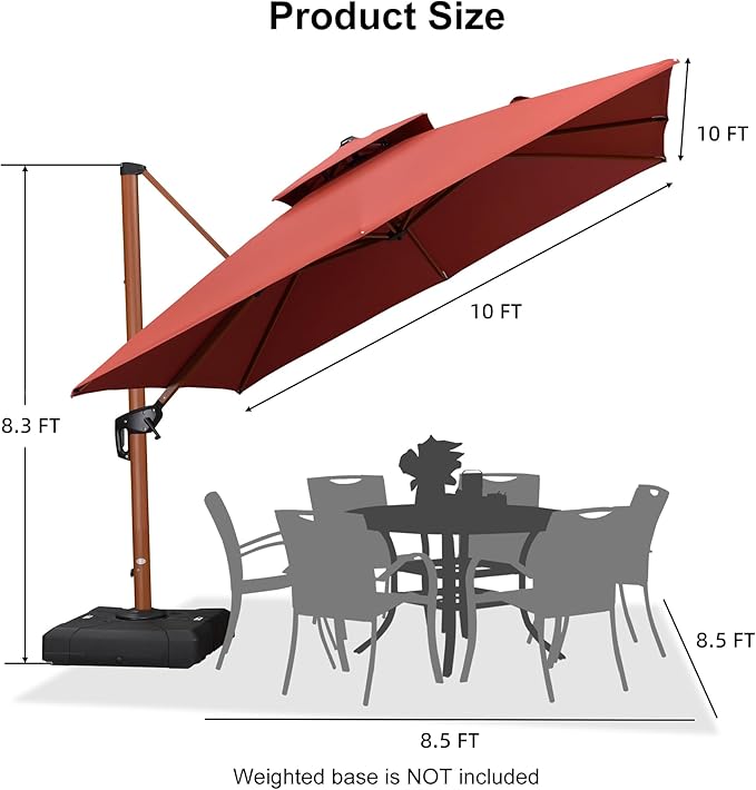 PURPLE LEAF 10ft Patio Umbrella Outdoor Square Umbrellas Large Cantilever Umbrella Windproof Offset Umbrellas Heavy Duty Sun Umbrella for Garden Deck Pool Patio, Brick Red