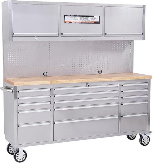 Tool Chest, 72 Inch Tool Box Mobile 9 Drawers Storage Rolling Cabinet with Wheels Lock Key Locking System Drawer Liners for Garage Warehouse Repair Shop, Sliver