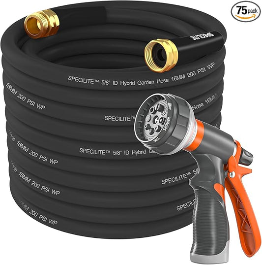 SPECILITE Garden Water Hose 75 ft x 5/8 in Heavy Duty, Flexible and Lightweight, Burst 600 psi, Kink-less Hybrid Rubber Pipe for Backyard, 3/4'' Brass Fittings,Black
