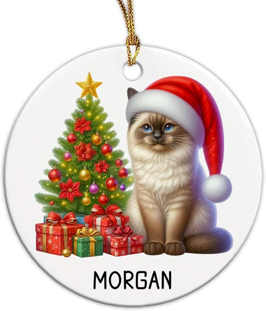Customized Siamese Cat Ceramic Ornament with Name, Personalized Siamese Christmas Ornament 2025, Cat Christmas Tree Ornaments Gift for Men Women Pet Lover, Pet Wearing Santa Hat Xmas Decor