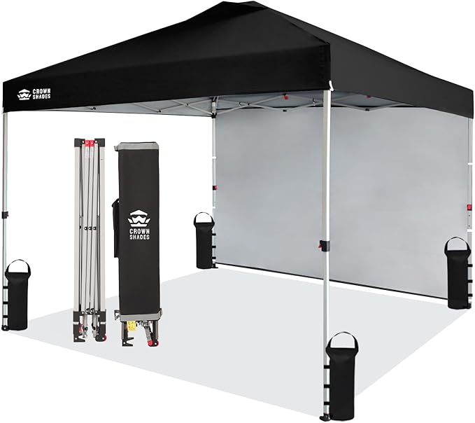 CROWN SHADES 10x10 Pop Up Canopy with 1 Side Wall - Beach Tent with One Push Setup - Outdoor Sun Shade for Events, Parties, Camping - Gazebo with STO-N-Go Cover Bag (Black)