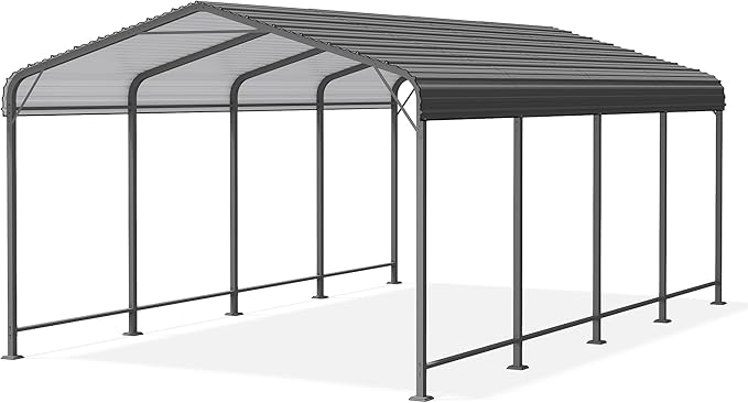 12' x 20' Carport, Heavy Duty Carport with Updated Roof & Enhanced Base, All Weather Steel Car Port, Multi-Use Car Port Garage, Metal Carports for Car, Truck, Boat, Tractors, Party, Grey