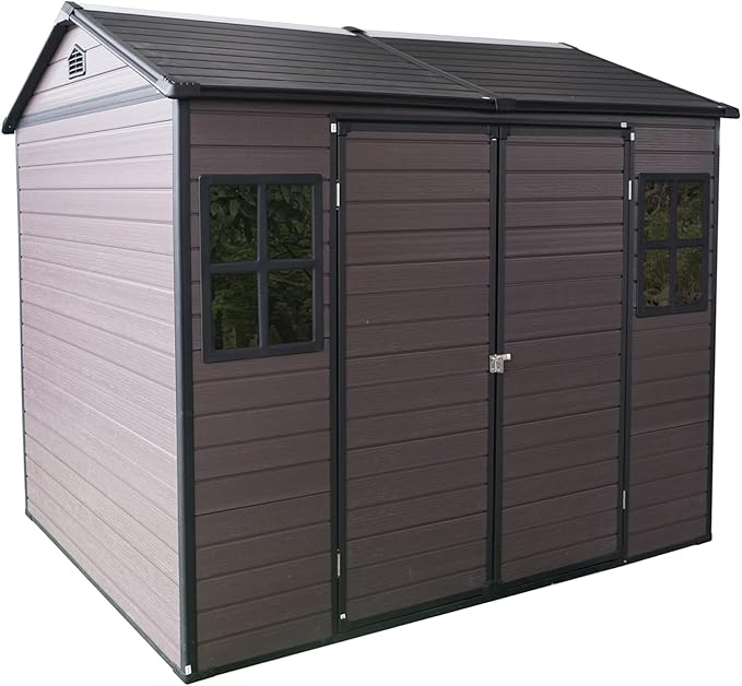 8x6 FT Resin Storage Sheds Outdoor with Floor, 2 Windows & Lockable Door Storage Shed - Waterproof Garden Tool Shed, Patio & Backyard Tool Storage Cabinet Use - Brown