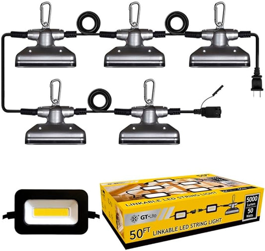 GT-Lite 50FT LED Work Light 50W 5000 Lumen Damp Rated Construction String Lights Linkable for Jobsite Lighting, 5000k Daylight White, ETL Listed (5 Light Heads)