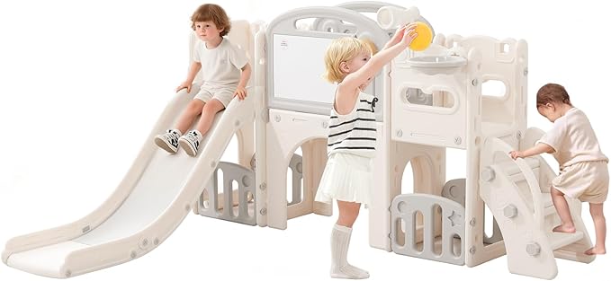 Outdoor Toddler Playset with Slide Set,Indoor Playground for Toddlers 1-3, Climber Play Set with Telescope Basketball Hoop,Tunnel Playhouse and Jungle Gym