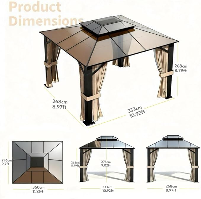 Premium 10x12 Hardtop Gazebo with Vented Polycarbonate Roof, Full Privacy Curtains & Mosquito Netting, Robust Aluminum Pergola for Patio, Garden & Deck – All-Season Weather Outdoor Shelter