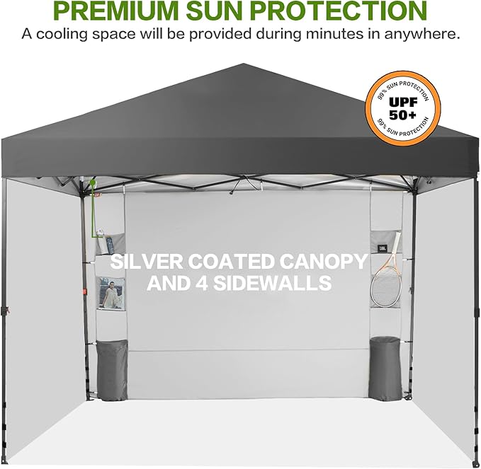10X10 Comercial Pop Up Canopy Tent with 4 Sidewalls and 6 Pockets, One Push Setup Center Lock, for Beach Patio Outdoor, Case, 8 Stakes, 4 Ropes, 4 Sandbags (Charcoal Grey)