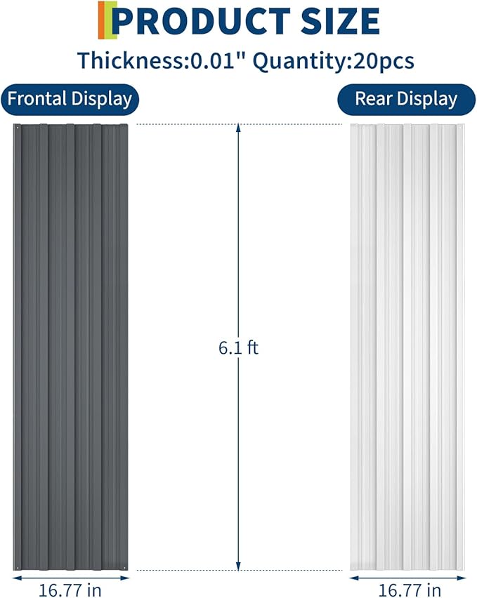 20Pcs Metal Roofing Panels for Carport, Heavy Duty Metal Carport Kits, Galvanized Steel Corrugated Panels, for Patio Outdoor Garden, 73.2 in x 16.77 in