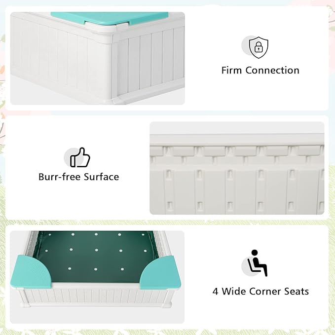 Costzon Kids Sandbox with Cover, 4ft x 4ft HDPE Sandpit with Oxford Cover, Bottom Liner, 4 Corner Seats, Weather Resistant Outdoor Sand Pit for Backyard Lawn Garden Beach (White)