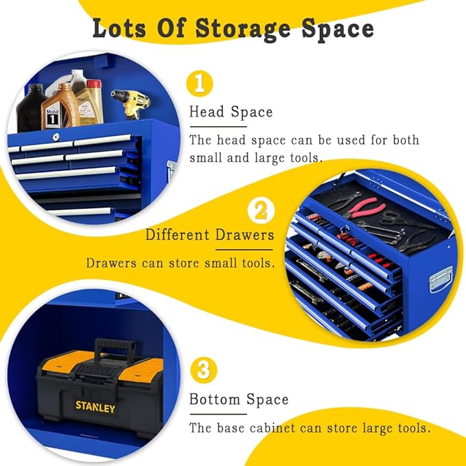 13-Drawer Rolling Tool Chest with Double Door Handle, 2 in 1 Detachable Tool Chest, Large Tool Storage with Wheels, Lockable Tool Cabinet for Garage, Barbershop-Blue