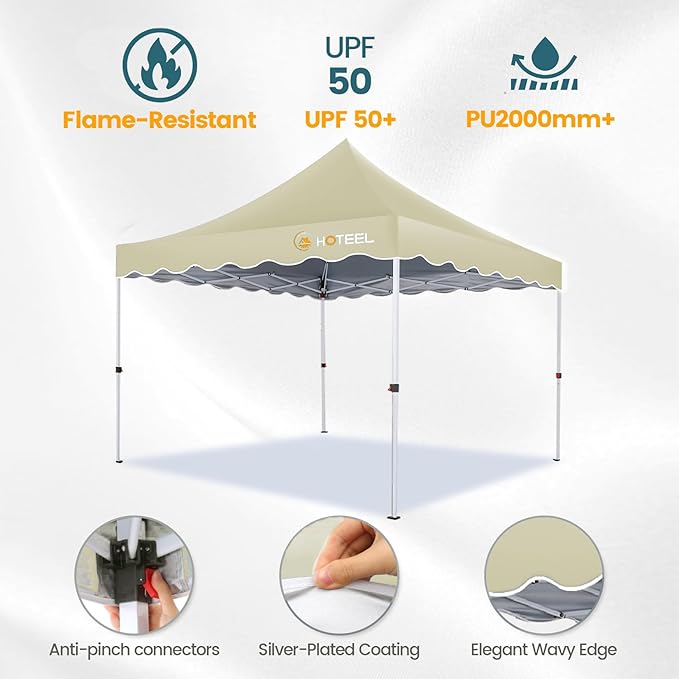 HOTEEL 10×10 Pop Up Canopy, UV 50+ and Waterproof Canopy Tent 10×10, Thickened Frame, Large Space Easy Pop Up Canopy, Outdoor Canopy for Weddings, Beaches, Parties, Patio (Khaki)