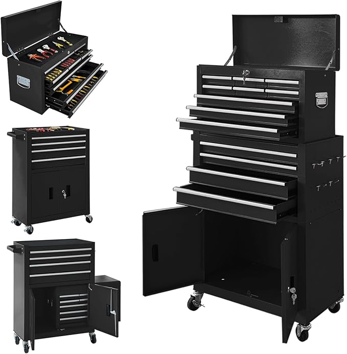 13-Drawer Rolling Tool Chest with Double Door Handle, 2 in 1 Detachable Tool Chest, Large Tool Storage with Wheels, Lockable Tool Cabinet for Garage, Barbershop-Black