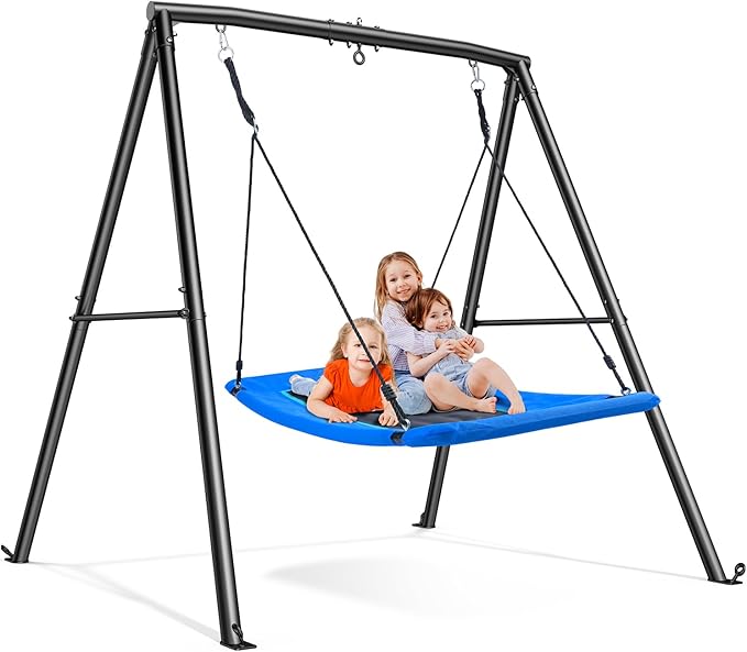 Trekassy 60 Large Platform Saucer Swing with Frame for Kids Outdoor, 440lbs Swing Set with Heavy Duty Metal Swing Stand for Backyard, Outdoor Kids Play Equipment (Blue)