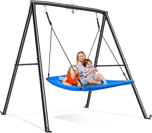 Trekassy 60 Large Platform Saucer Swing with Frame for Kids Outdoor, 440lbs Swing Set with Heavy Duty Metal Swing Stand for Backyard, Outdoor Kids Play Equipment (Blue)