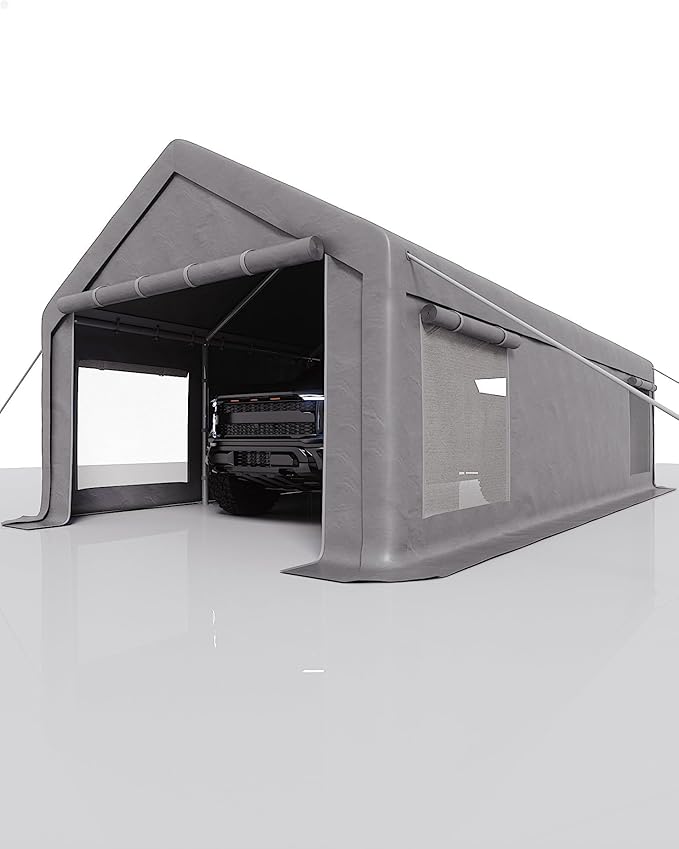 13X25 FT Portable Carport Garage with Roll-Up Windows & Doors, Heavy-Duty 200g PE Tarp, Waterproof & UV Protected Outdoor Shelter for Car, Boat, Truck, Motorcycle