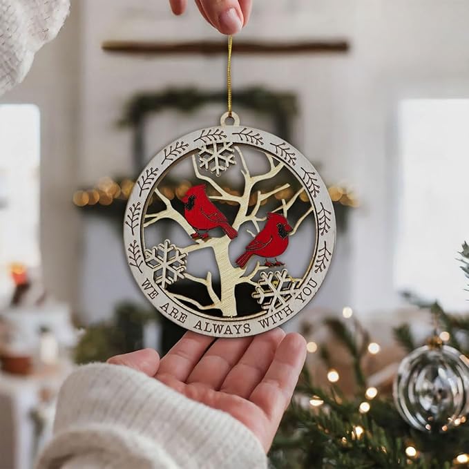 Cardinal Memorial Christmas Ornament – Wooden Cardinal Bird Decoration with “We are Always with You” Quote – Remembrance Ornament for Loved Ones, Bereavement Christmas Tree Hanging Ornament