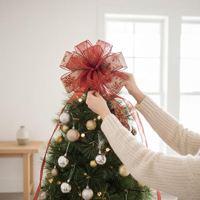 CT CRAFT LLC Red Snowflake Christmas Tree Topper Bow 11" with 4 Ribbon Streamers x 3 Yards Long Each for Holidy Elegant Fancy Home Décor Indoor