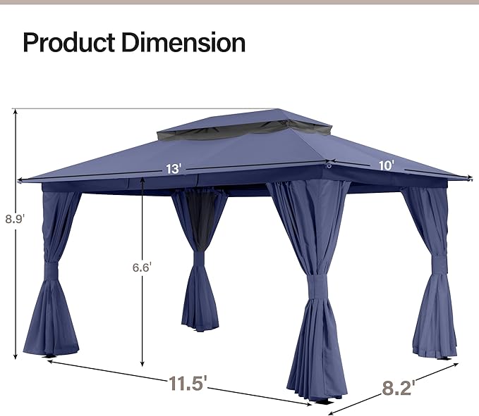 LAUSAINT HOME Semi-permanent Patio Gazebo 10'x13' with Expansion Bolts, Outdoor Heavy Duty Shelter Party Tent with Double Roofs, Mosquito Nets and Privacy Screens for Backyard, Garden, Lawn, Navy Blue