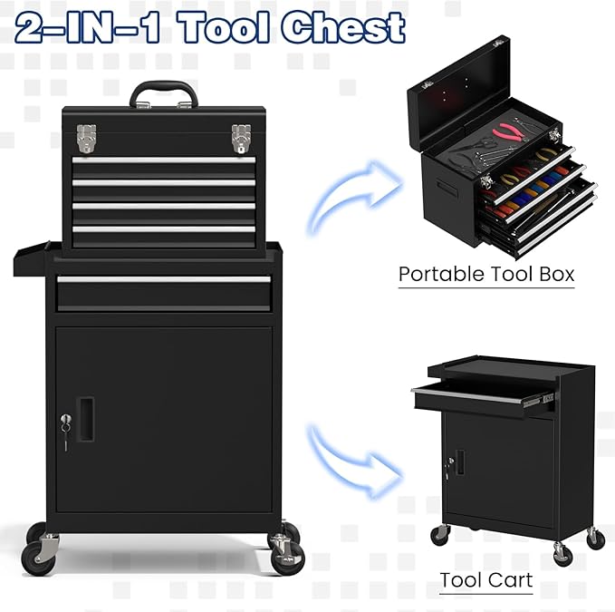 Rolling Tool Box with Wheels, 5-Drawer High Capacity Tool Chest with Wheels, Removable Storage Toolbox with Lock for Garage, Workshop (Black)