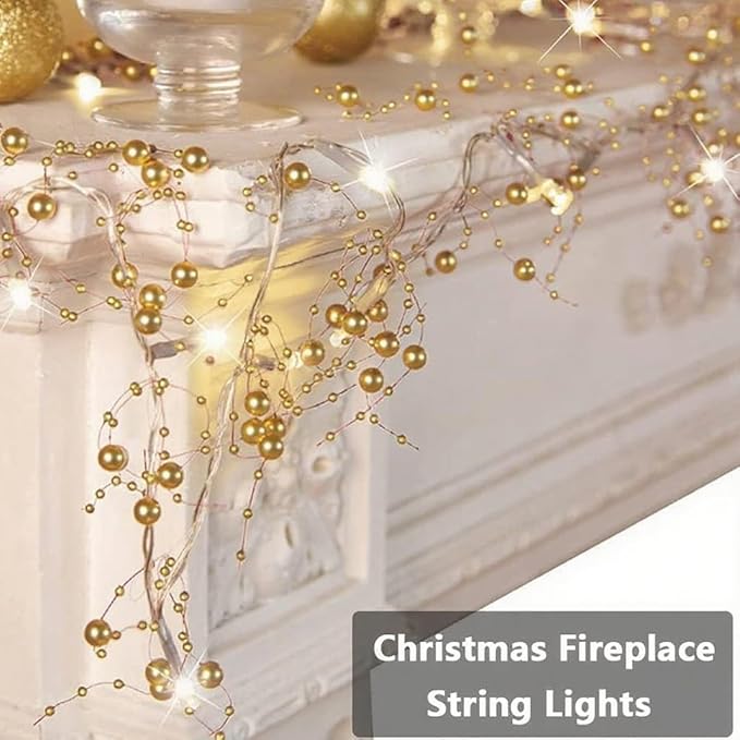 OVV Christmas Decorations 13FT Pearl Garland String Lights 40LED Festive Lighted Berry Beaded Indoor Xmas Decor Warm Lights for Bedroom Mantel Wedding Party Battery Operated (Golden)