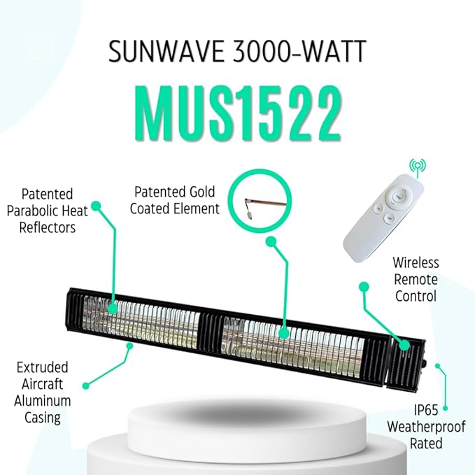 Commercial SunWave 3000 Watt Infrared Patio Heater Tungsten Ultra Quartz Low Glare with Remote control and 3 power levels, 11,028 BTU Max output By Muskoka Lifestyle Products USA (Silver)