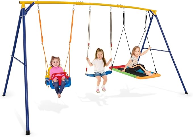 Costzon 660 lbs Swing Sets for Backyard, 3-in-1 Heavy Duty Extra Large Metal Frame with Platform Swing, Belt Swing, Baby Swing, Indoor Outdoor Playground Playset, Swing Set for Kids Toddlers