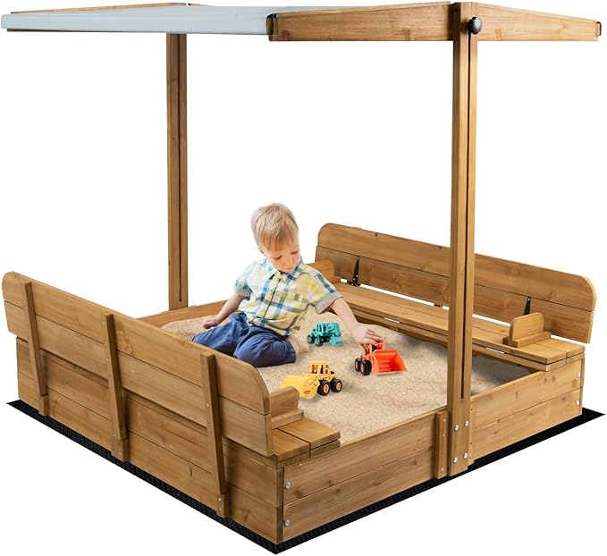 Kids Sand Box with Cover£¬Wooden Outdoor Sandbox with Lid£¬Foldable Bench Seat/Adjustable Canopy£¬UV-Protection &Natural Wood£¬Sand Box for Kids Ages 2-8£¨47x47in£©