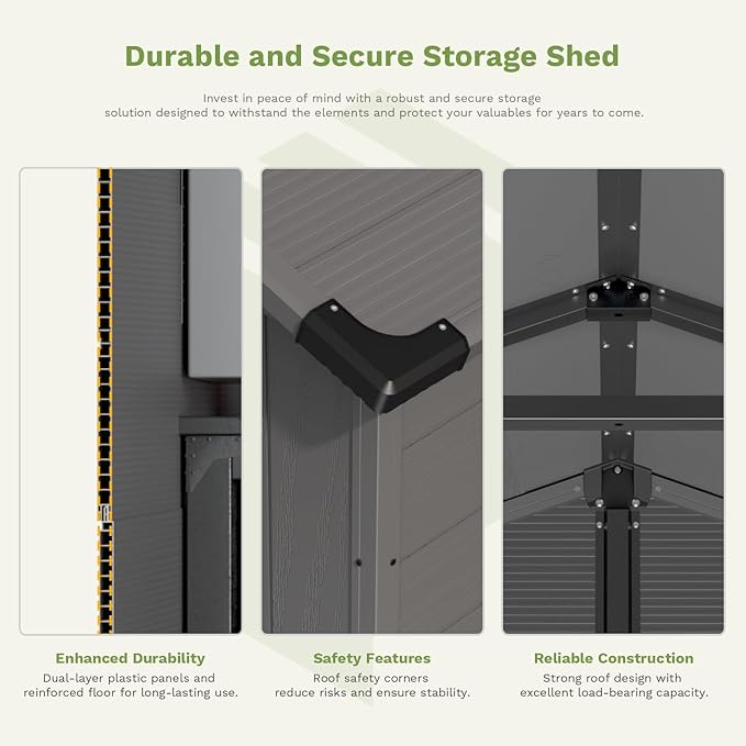 Patiowell 6X6 FT Plastic Outdoor Storage Shed with Floor, Resin Outside Tool Shed with Window and Lockable Door for Garden, Backyard, Tool Storage Usage, Easy to Install, Dark Grey