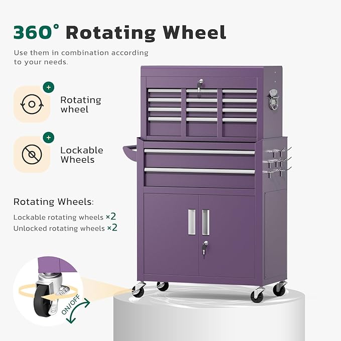 Greenvelly 8-Drawer Rolling Tool Chest, Metal Tool Chest with Wheels, Rolling Tool Box with Detachable Top Tool Box, Metal Tool Cart with Liner & Hooks for Garage, Workshop, Warehouse, Purple
