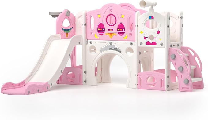 9 in 1 Toddler Slide and Climber Playset Freestanding Backyard Playground for Children Age 1-4, Indoor Outdoor Kids Slide with Basketball Hoop,Telescope, Ring-toss and Storage Space