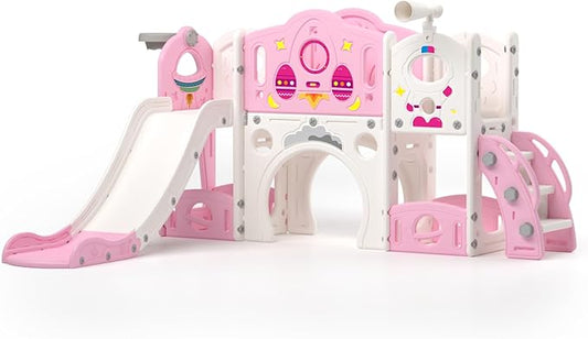 9 in 1 Toddler Slide and Climber Playset Freestanding Backyard Playground for Children Age 1-4, Indoor Outdoor Kids Slide with Basketball Hoop,Telescope, Ring-toss and Storage Space