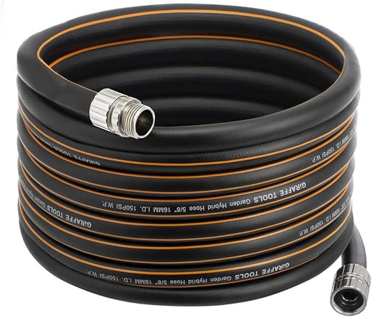 Giraffe Tools Garden Hose 50ft x 5/8, Custom Length, Heavy Duty, No Kink, Flexible, Rubber Garden Hose, Leakproof Water Hose with Male to Female Fittings, 600 Burst PSI