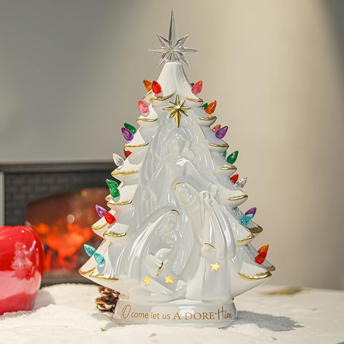 Ceramic Christmas Tree Nativity 14 Inch Tabletop Christmas Tree Vintage Christmas Decoration Battery Operated White XmasTree with Multicolored Lights and Star