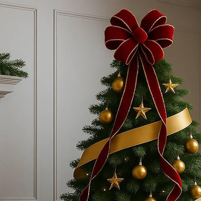 CT Craft Christmas Handmade Tree Topper Bow 10" X 26" X 12 PCS Burgundy/Red Wine Velvet Ribbon Gold Wired Edge for Tree Topper Wreath Indoor Outdoor Holiday Decoration
