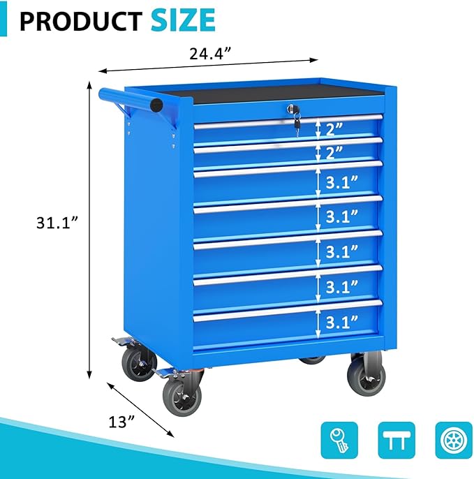 7 Drawers Rolling Tool Box, Portable Storage Tool Chest with Wheels, Toolbox with Lock for Warehouse, Garage, Repair Shop and Tool Room (Blue)