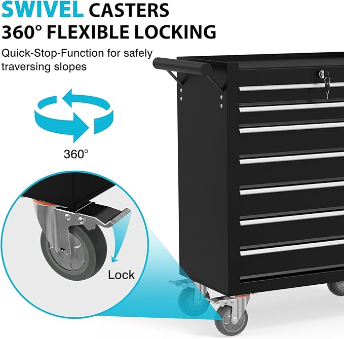 7 Drawer Rolling Tool Chest with Wheels, Portable Tool Cart with Drawers, Storage Cabinet for Garage, Warehouse and Repair Shop (Black)