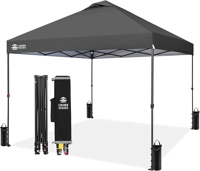 CROWN SHADES 10x10 Pop Up Canopy Tent - Patented Center Lock One Push Instant Outdoor Canopy Beach Tent with STO-N-Go Bag 8 Stakes & 4 Sand Bags，Grid Grey