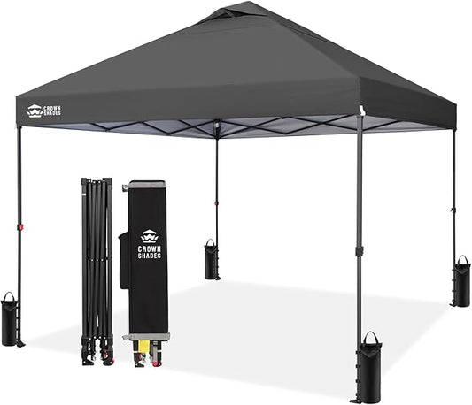CROWN SHADES 10x10 Pop Up Canopy Tent - Patented Center Lock One Push Instant Outdoor Canopy Beach Tent with STO-N-Go Bag 8 Stakes & 4 Sand Bags，Grid Grey