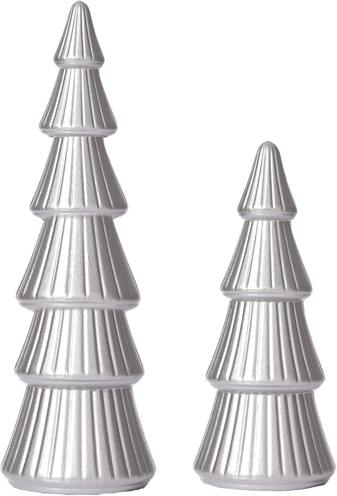 WONDROUS' DECO Wooden Christmas Tree Figurine, Tabletop Silver Tree Figurine, Set of 2 Desk Centerpieces for Christmas Decor