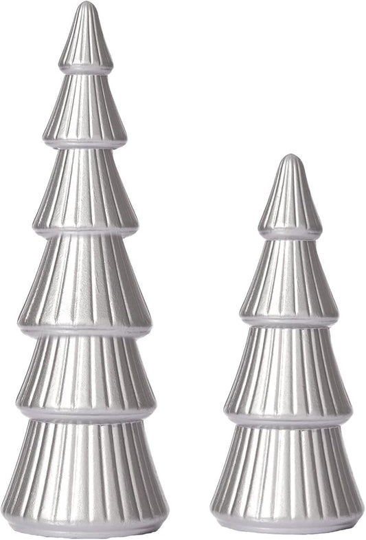 WONDROUS' DECO Wooden Christmas Tree Figurine, Tabletop Silver Tree Figurine, Set of 2 Desk Centerpieces for Christmas Decor