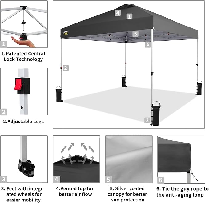 CROWN SHADES 10x10 Pop Up Canopy, Patented Center Lock One Push Tent Canopy, Newly Designed Storage Bag, 8 Stakes, 4 Ropes (10x10, Grey)