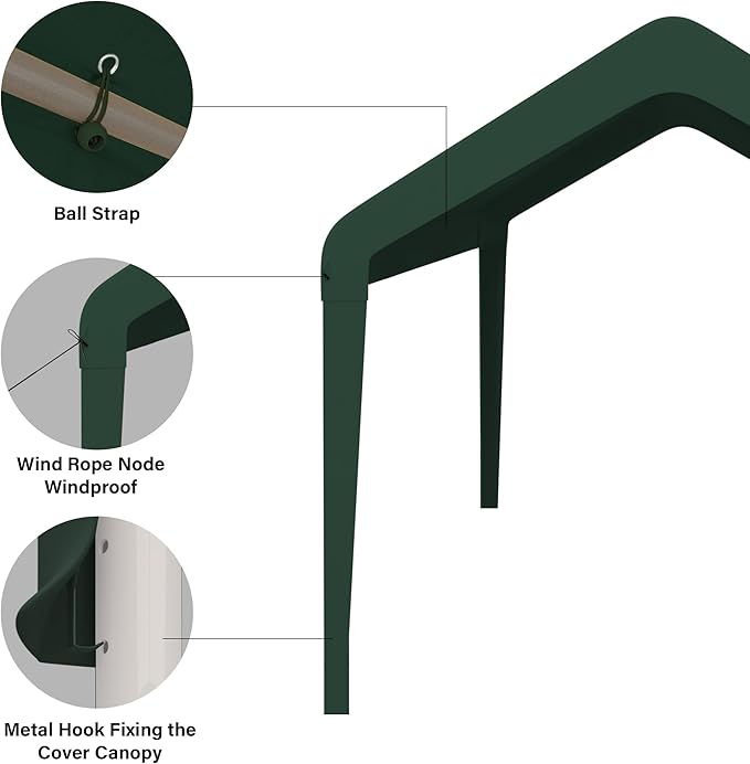 Canopy Replacement Cover, Carport Replacement Canopy, 800D Oxford Waterproof & UV Protected Tarp with Ball Bungees (Frame is not Included) (Green, 10x20)