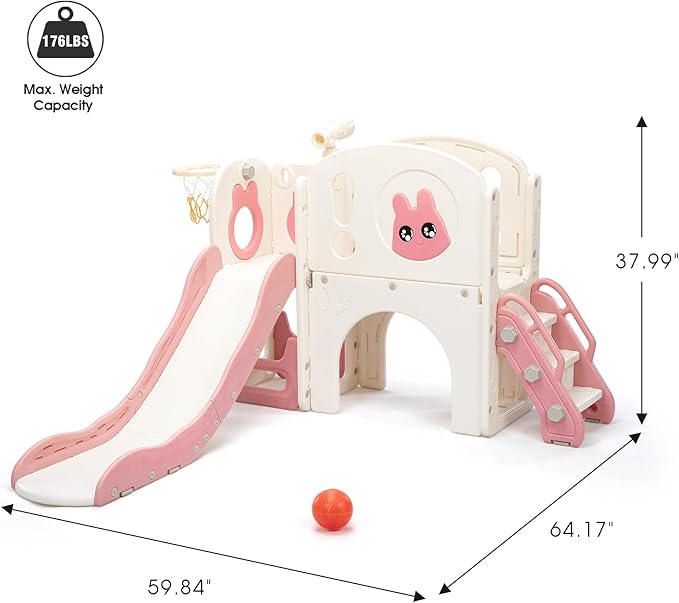 8-in-1 Toddler Slide and Climber Playset, Kids Slide Playground with Stairs, Tunnel, Telescope, Storage, Basketball Hoop and Ball, Indoor Outdoor, 1-3 Years Old, Pink