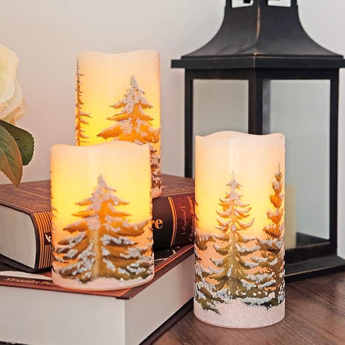 Wondise Flickering Flameless Pillar Candles with Timer, Battery Operated Real Wax Warm Light Christmas Tree Pine Tree Decal Candle for Home Decoration Christmas Gifts, Set of 3(D3 x H4/5/6 Inch)