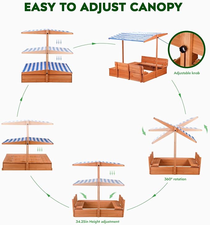 Kids Wooden Outdoor Sandbox with Cover£¬Sand Boxes with Canopy and Foldable Storage Bench Seats, Sand Table with Protection Bottom Liner,Kids Play Equipment for Outdoor(47X47Inch)