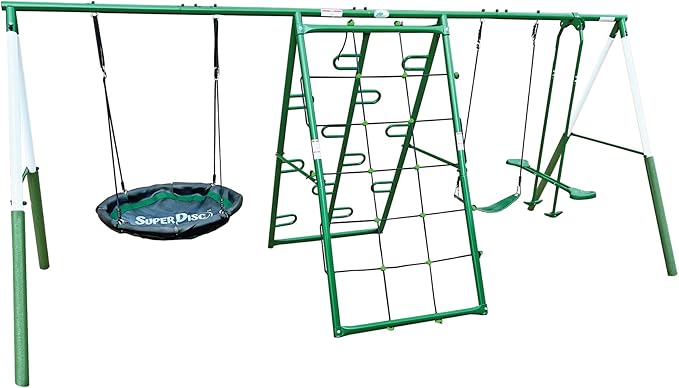 Swing, Climb and Glide Play Center. Backyard Playground Set. Easy Assembly, 7 User / 5 Station Metal Outdoor Play Set for Kids with Two Climbing Stations. 176 L x 69 Deep x 73 H, by XDP Recreation