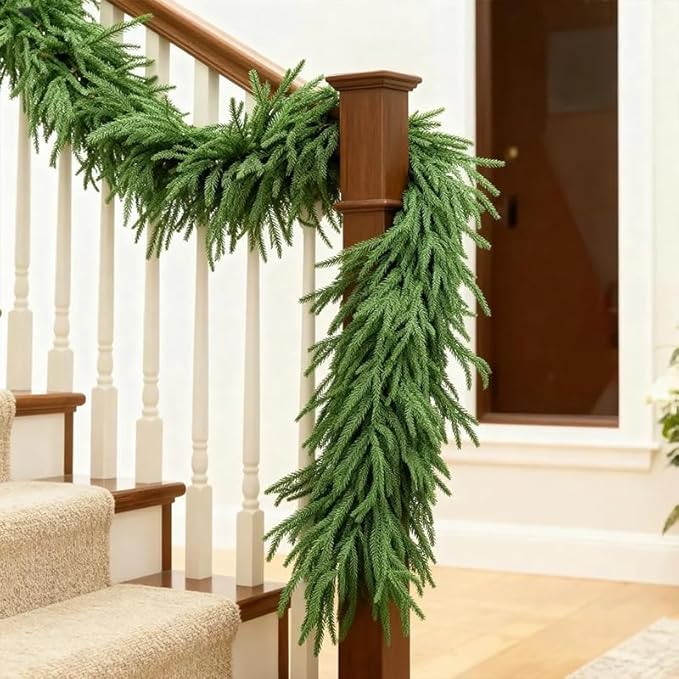 9 FT Artificial Norfolk Pine Garland, Real Touch Dense Faux Greenery Garland for Mantle, Table, Wall, Indoor & Outdoor Christmas Decorations, Christmas Garland